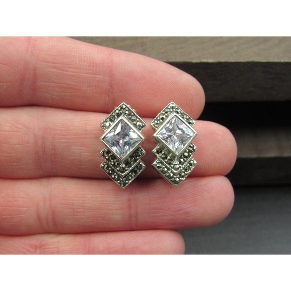 Jewelry - Sterling Silver Brilliant Cubic Zirconia And Marcasite Earrings